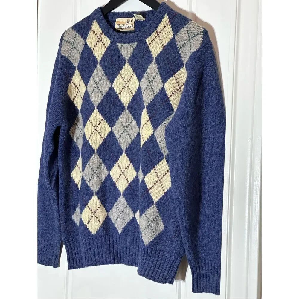 Highland size L vintage 100% wool argyle sweater *flawed - Picture 2 of 7